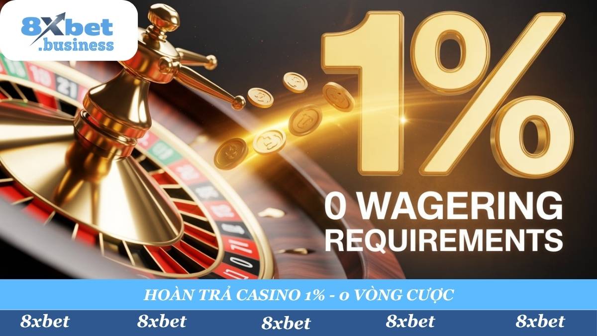 Chơi Casino 8xbet không lo về phế. Nhận ngay Hoàn Trả 1% Hàng Ngày trên tổng cược, không giới hạn. Đặc biệt: Tiền về ví, không cần cược lại (0 vòng cược)!